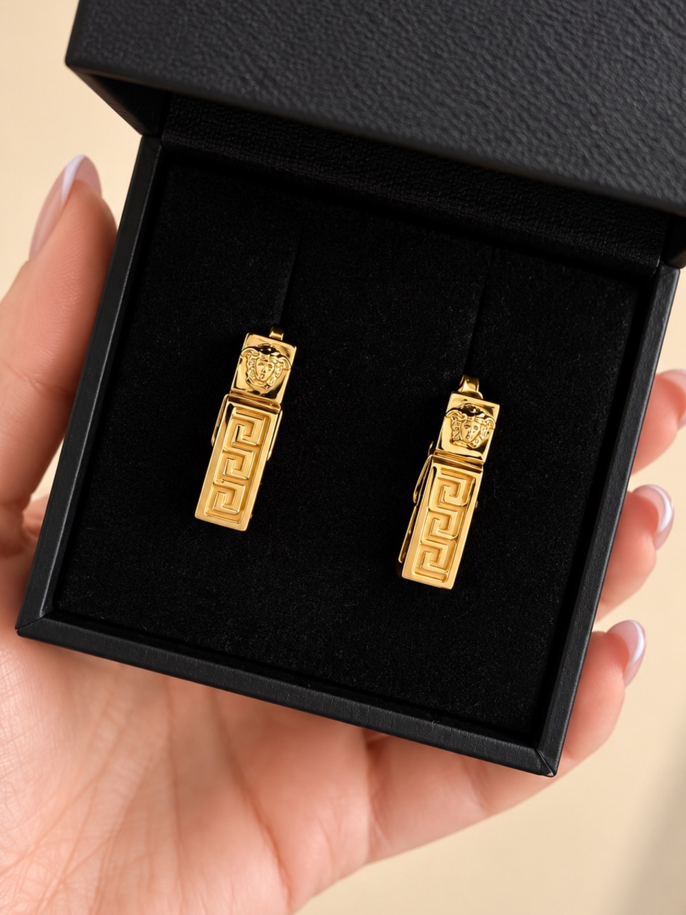 Versace Gold Greek Key Medusa Drop Earrings - Women Jewelry